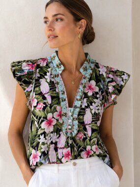Joey Wölffer Reworked Tropical Parrot Print Ruffle Sleeve Blouse